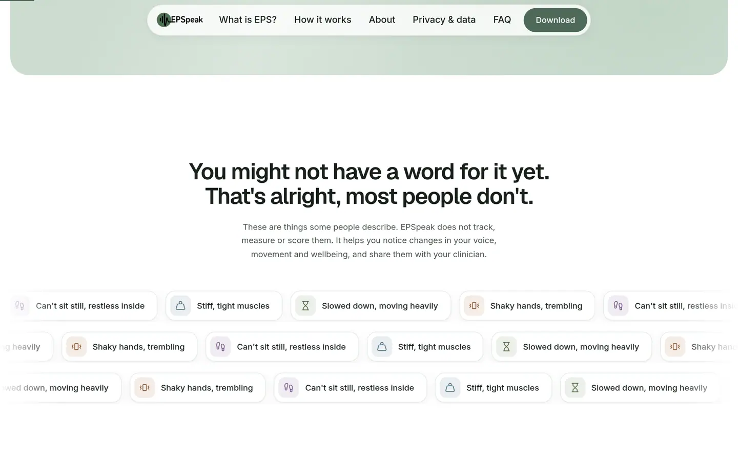 EPSpeak section listing symptoms people describe, such as shaky hands and stiff muscles