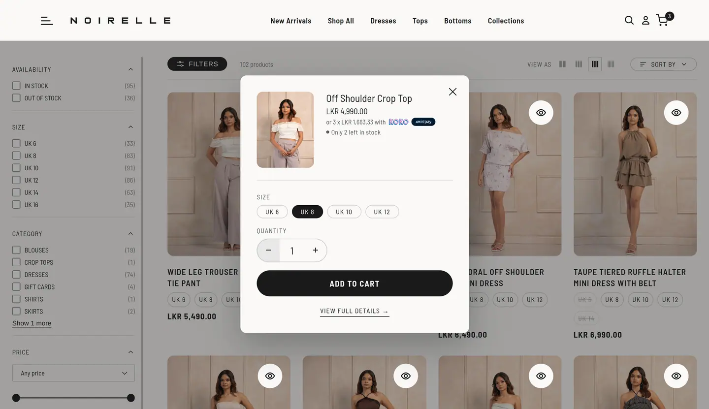 Noirelle collection page with filters and a quick add panel open for an off-shoulder top