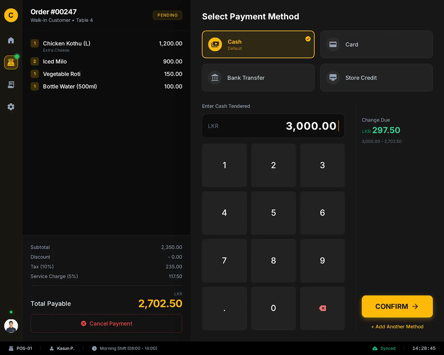 Ceylond POS payment screen with cash selected and a keypad for cash tendered