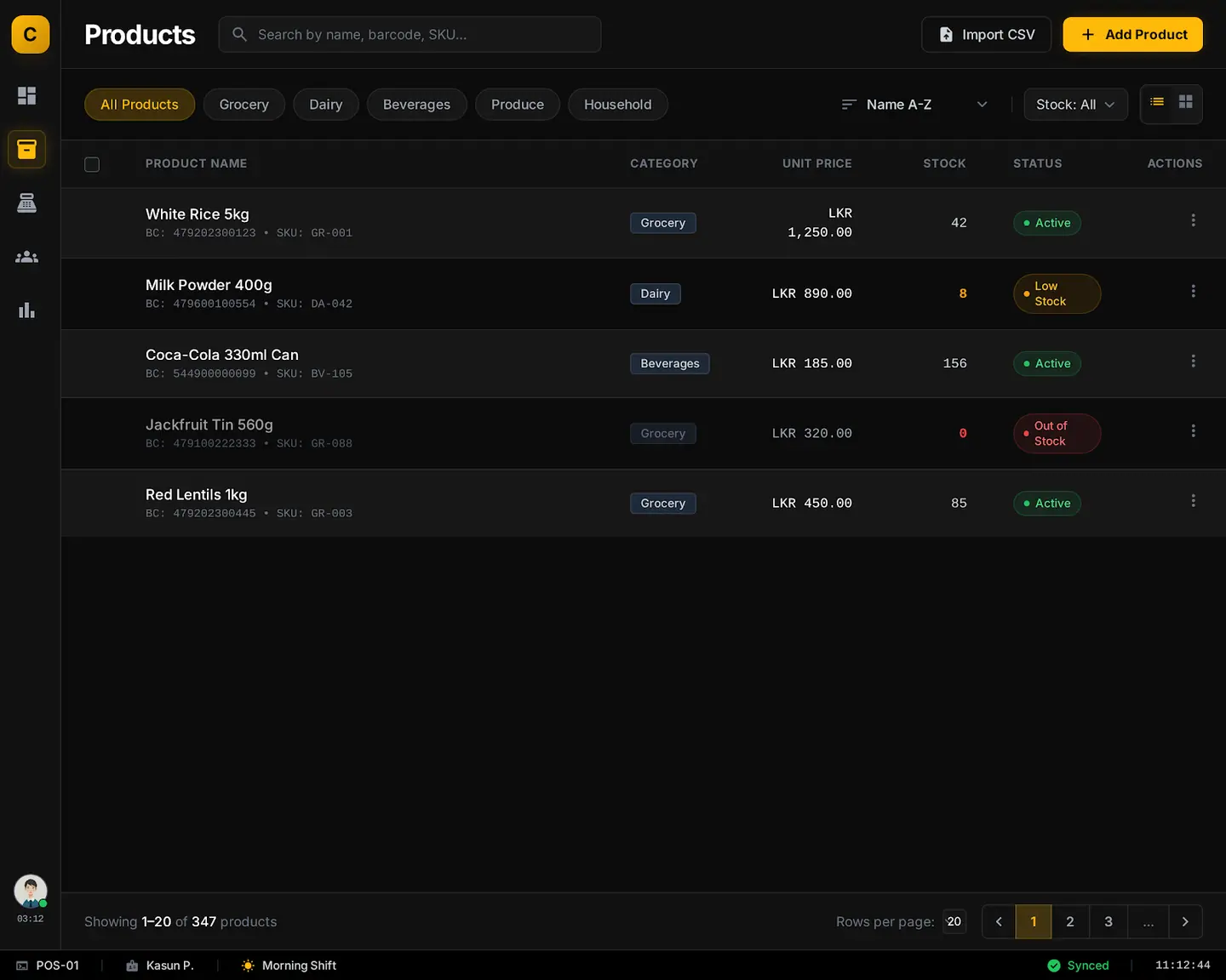 Ceylond POS products list with categories, stock levels and status